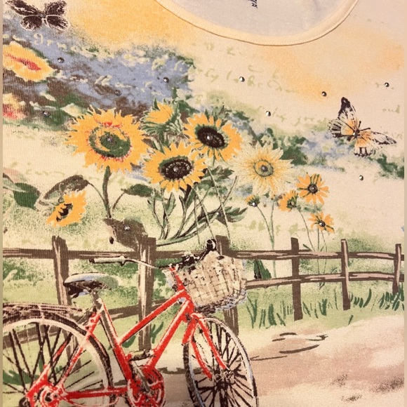 EUC Basic Editions Yellow T-Shirt Bicycle Sunflower Sparkle embellishments 2XL - Picture 4 of 7